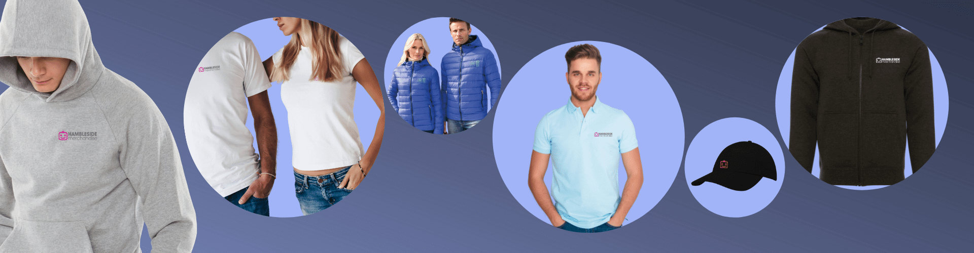 A range of branded clothing including a man wearing a printed hoody, printed tshirts, corporate clothing, branded polos and a promotional cap