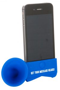 The iPhone Trumpet in blue with phone