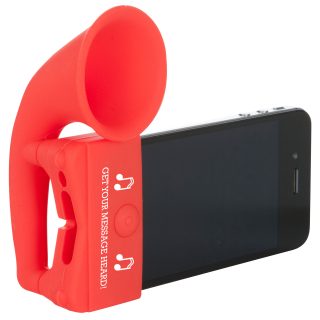 The mobile phone trumpet in red - side use